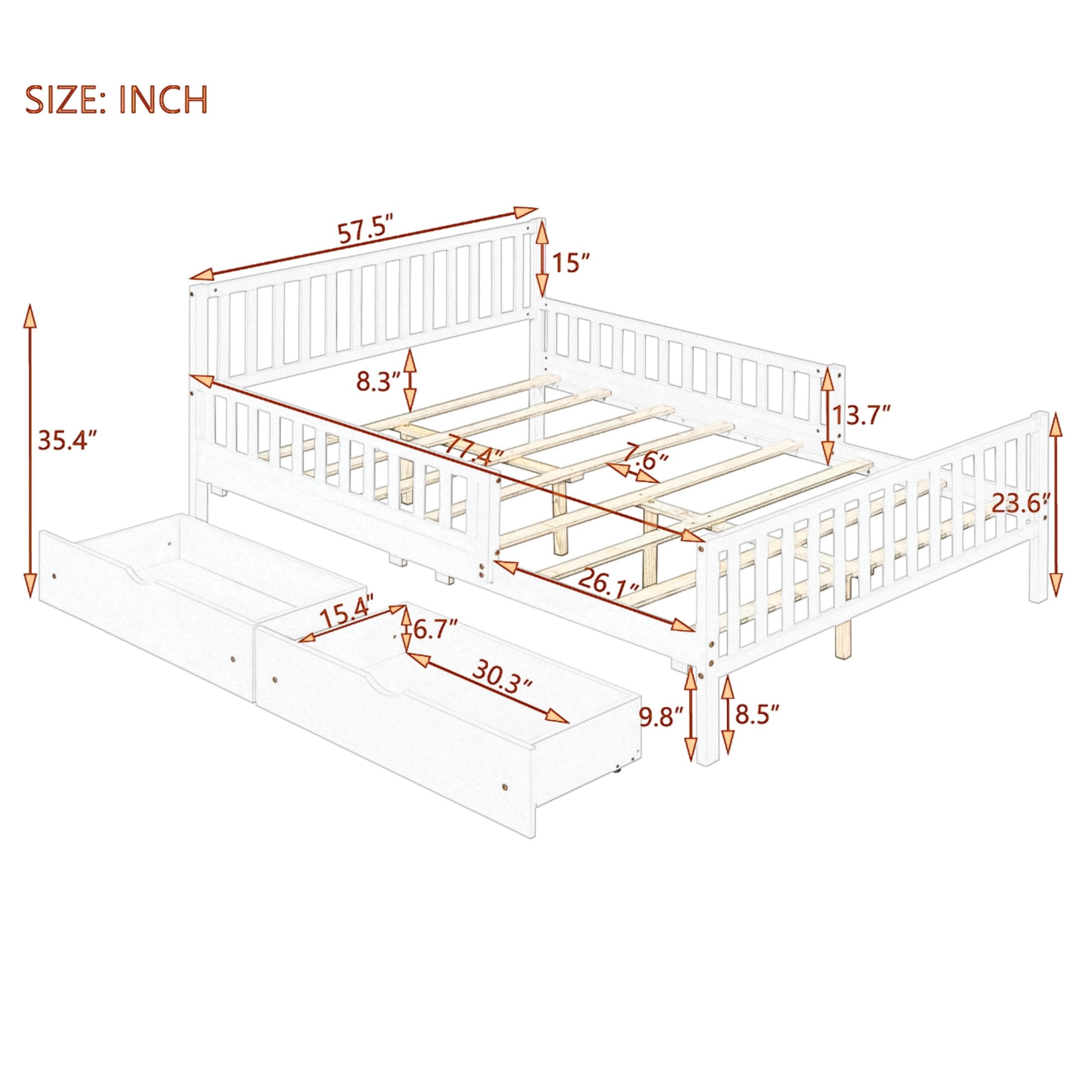 Noble House Full Size Wood Platform Bed with Guardrails on Both Sides and Two Storage Drawers, Walnut
