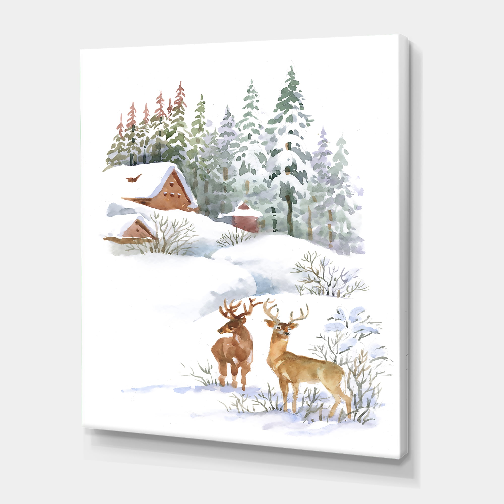 Designart ' Two Deers With Winter Cottage ' Farmhouse Canvas Wall Art Print