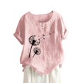 thumbnail image 2 of CHOK Hauts en Liquidation pour Femmes Boutons Col Rond Manches Courtes Imprimé Floral Boutons Coton Lin Vintage, 2 of 5