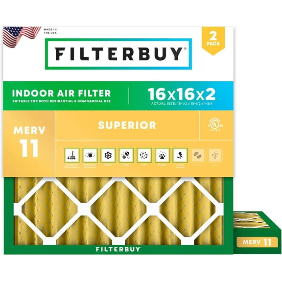 Filterbuy 16x16x2 Air Filter MERV 11 Allergy Defense, Pleated HVAC AC Furnace Filter Replacement, 2-Pack