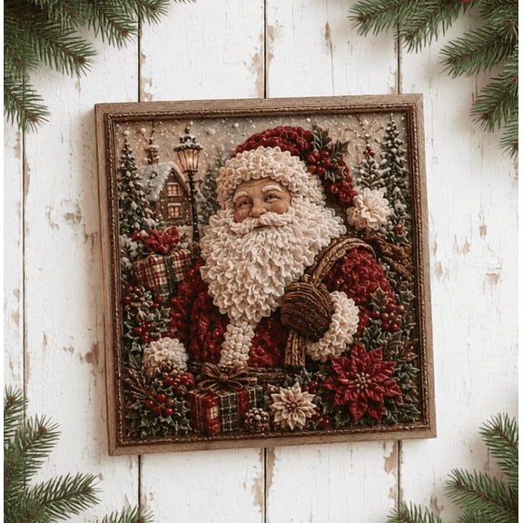3D Style Santa Punch Needle Embroidery Set, Complete DIY Fabric Craft Kit, Holiday Christmas Wall Hanging Art Project for Beginner and Experienced Crafters