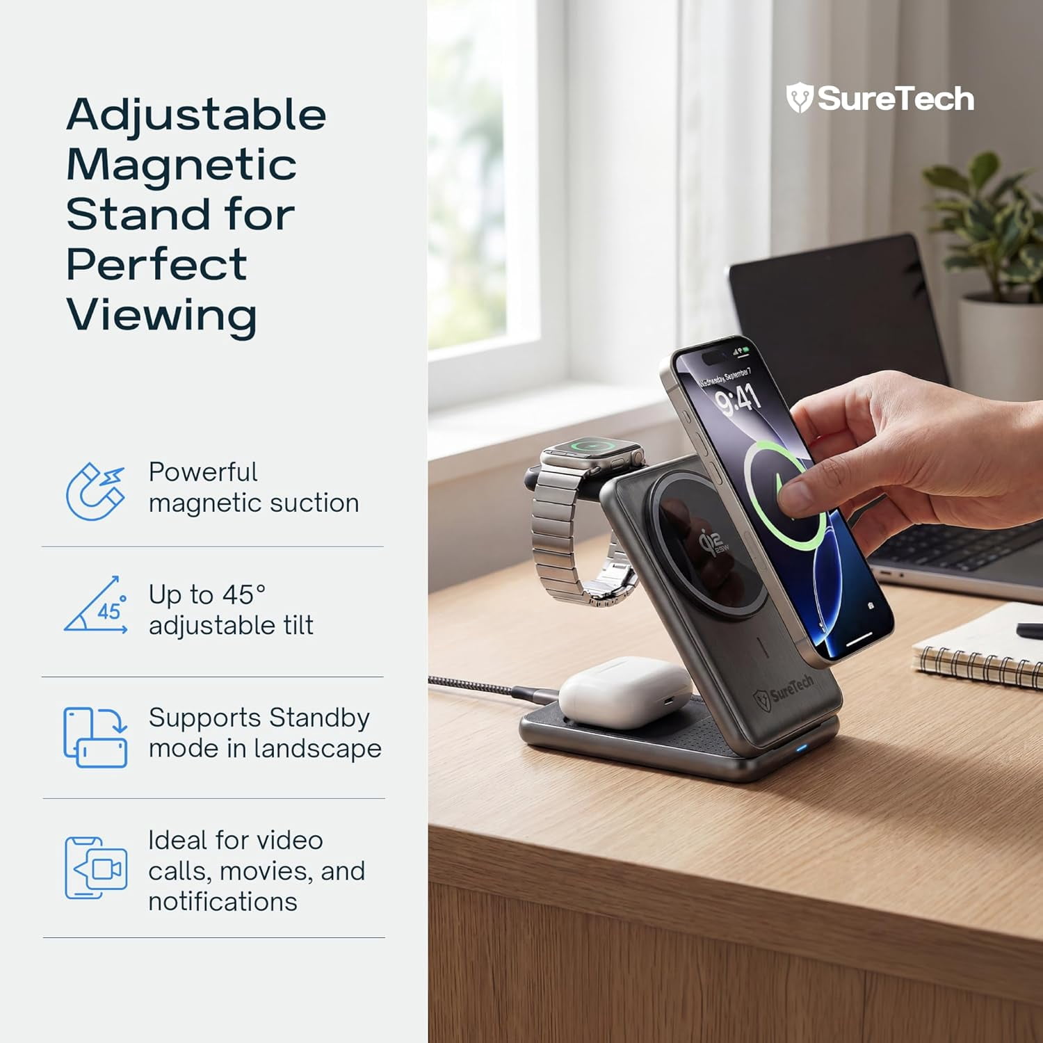 SureTech Qi2.2 Certified 3-in-1 Foldable Wireless Charging Station for Apple Devices with 65W Adapter, 25W Fast Charging Dock, Portable Magnetic Charger for iPhone 17-13, Apple Watch Series & AirPods