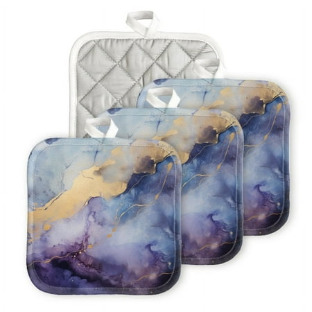 

BaHomeck Heat Resistant Hot Pads 4 pack Abstract Blue And Purple Painting With Gold Square Pot Holder for Kitchen Cooking oven And BBQ grill with Hanging Loop Potholder machine washable