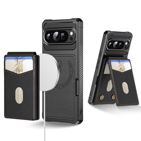 Compatible with Magsafe for Google Pixel 8 Wallet Case with Adjustable Stand, RFID Blocking Magnetic Card Holder Kickstand 2 in 1 Detachable Case for Women Men, for Google Pixel 8, Black