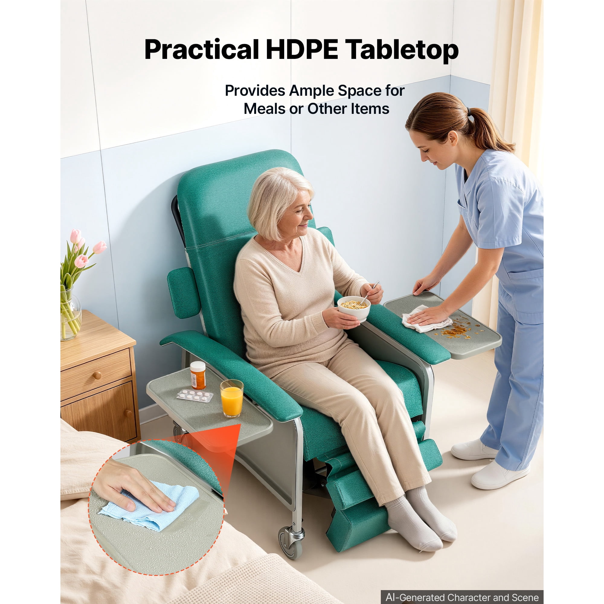 KFFKFF 4-Position Reclining Medical Chair, 500 lbs Capacity, Adjustable Geri Chair with Wheels, Padded Seat, and Trays for Healthcare Facilities and Home Care