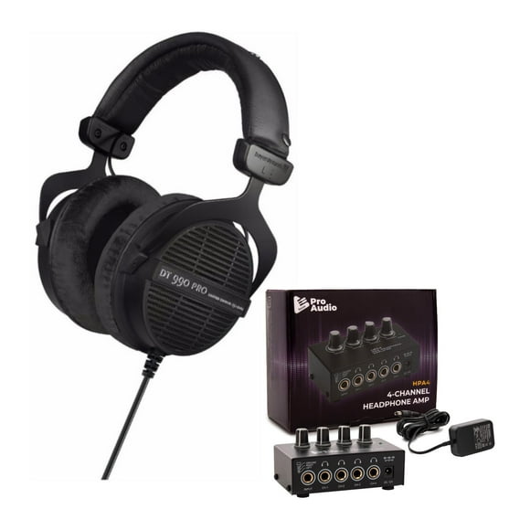 beyerdynamic DT 990 PRO Auriculares de estudio de 250 ohmios (Ninja Black, edición limitada) con amplificador de auriculares de 4 canales (2 artículos)