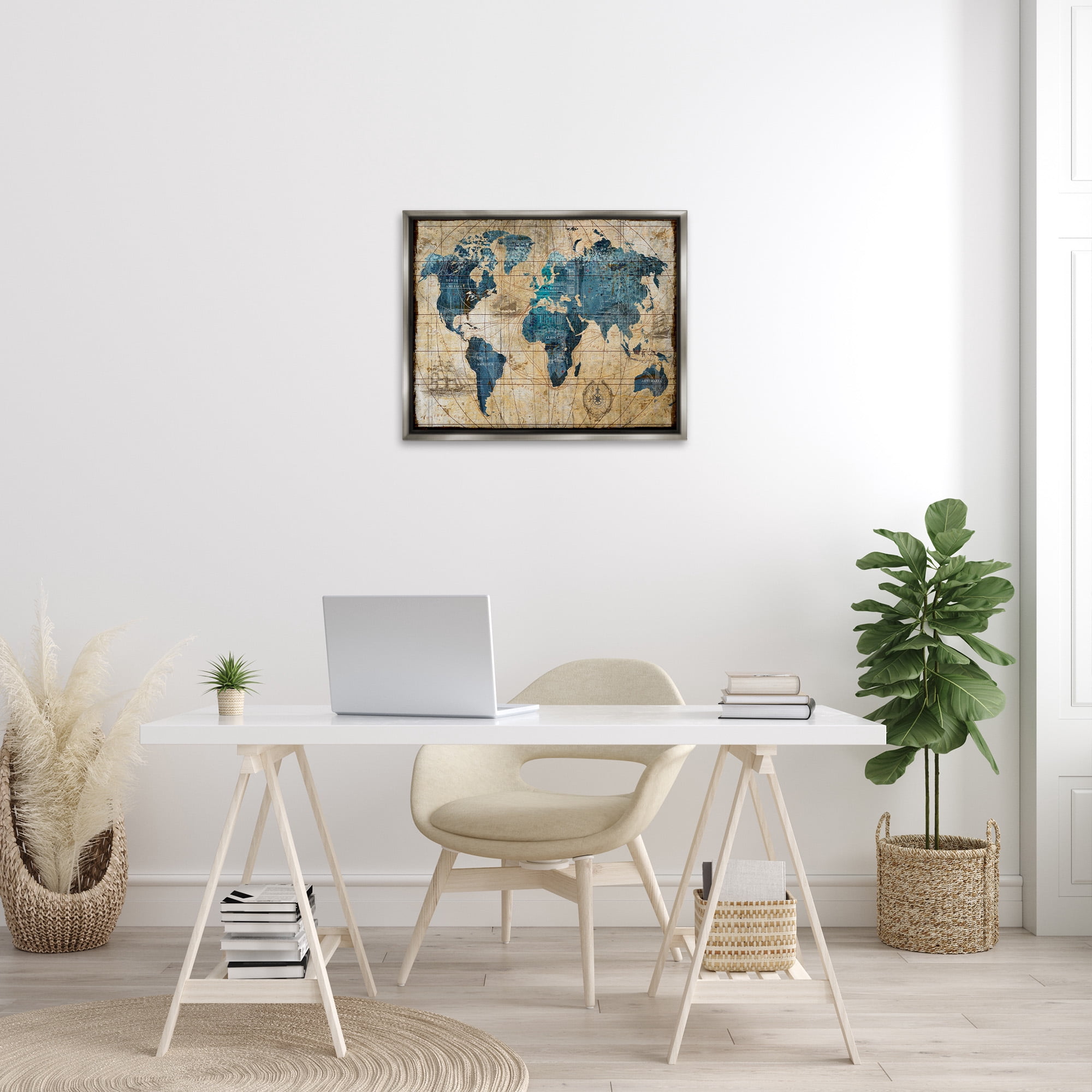 Stupell Industries Vintage Abstract World Map Design Luster Gray Framed Floating Canvas Wall Art, 24x30, by Art Licensing Studio
