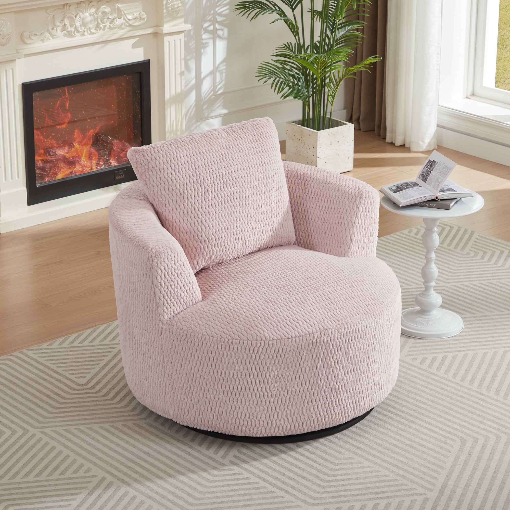 Leumius 360° Swivel Accent Chair,Modern Faux Fur Fabric Armchair with Pillow,Comfy Upholstered Single Sofa Chair for Living Room and Bedroom,Pink