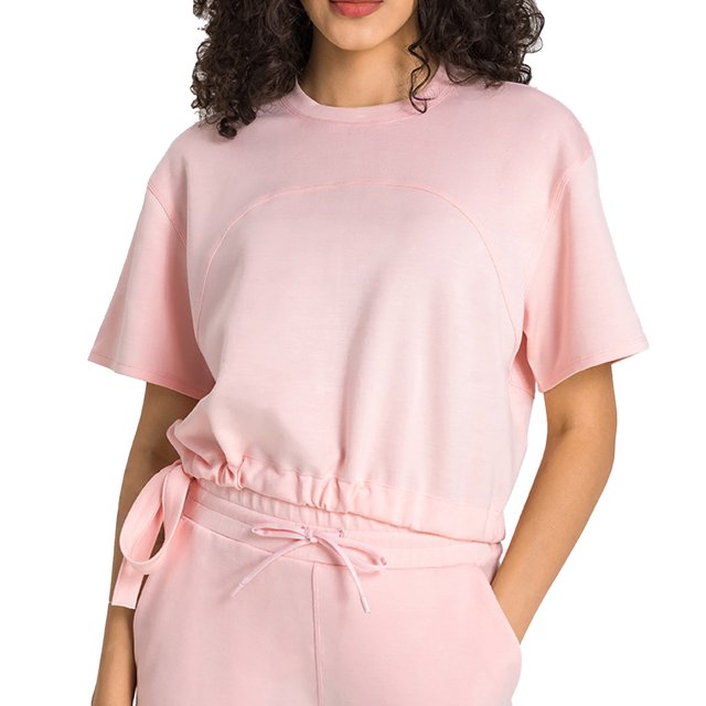 Camisa con cordón en la cintura Manga corta Cuello redondo Color puro Hombro caído Camiseta holgada para mujer para deportes