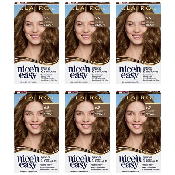 pack of 6 New Clairol Nicen Easy Permanent Hair Color, 6.5 Lightest Brown