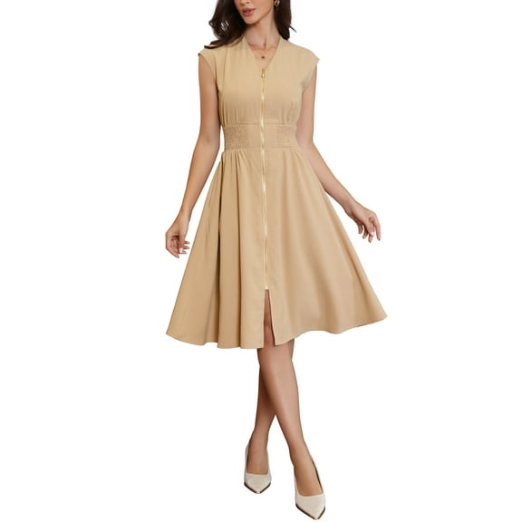 INSPIRE CHIC Work Dress Dresses for Women's 2025 Smocked Waist Zipper Sleeveless A Line Midi Dress XS Khaki