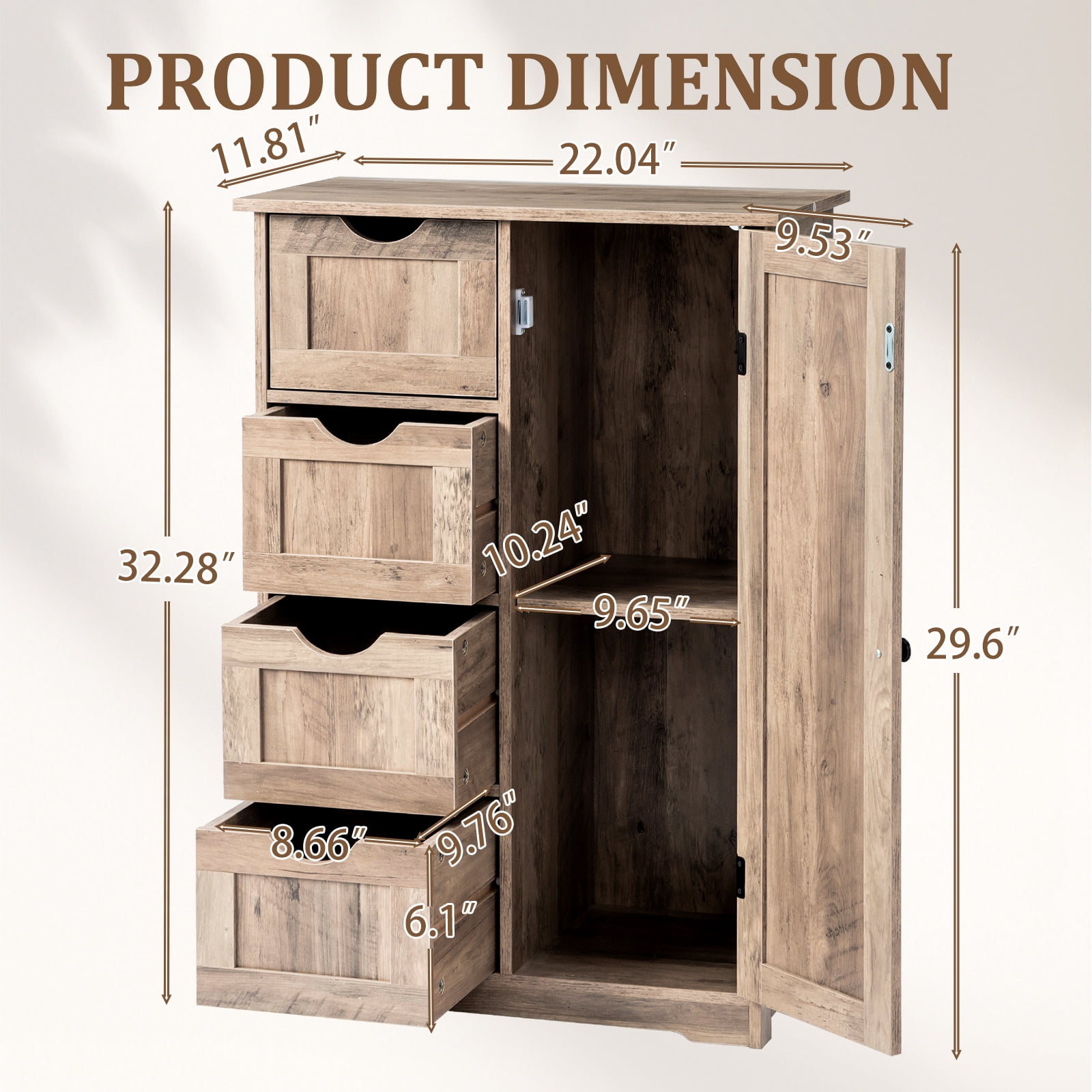 Ktaxon Wooden Bathroom Floor Cabinet, Side Storage Organizer with 4 Drawers, 1 Cupboard & 2-Shelves, Vintage Washed Gray