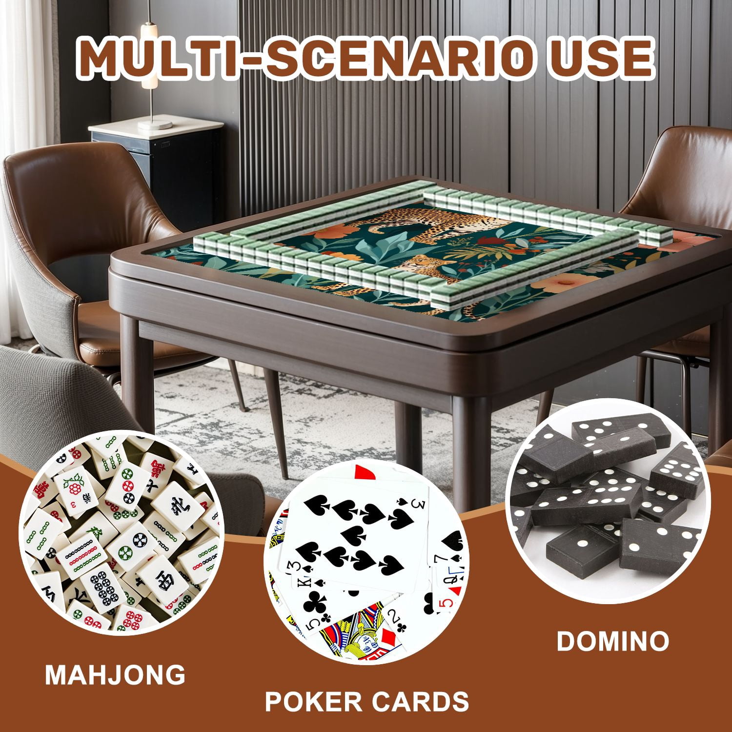 Mahjong Mat 31.5" x 31.5" Cheetah Tropical Leaves Vibrant Flowers Non-Slip Noise Reduction American Mahjong Tiles Table Cover for Dominoes Poker Card Board Games Gift
