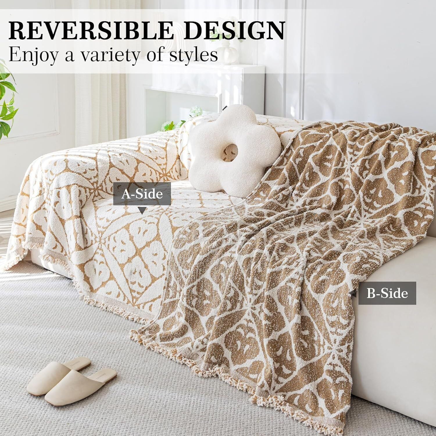 TOPCHANCES Chenille Couch Cover Sofa Slipcovers Towel Cover Couch Furniture Pet Protector Throws Blanket  (180*300cm, Khaki)