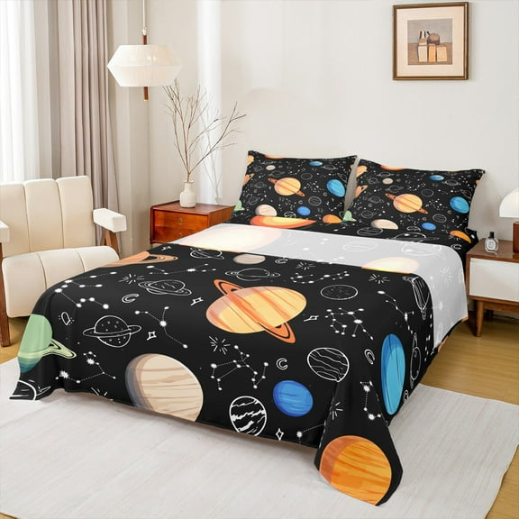 Manfei Galaxy Planet Twin Sheet Sets,Constellation Pattern Twin Fitted Sheet,Modern Aesthetic Art Flat Sheet For Kids,Breathable Home Decor,3-Piece