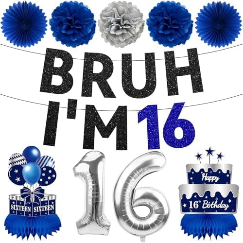 16th Birthday Decorations Kit for Boys Men, 10Pcs Blue Sliver Bruh I'm 16 Banner Happy 16th Birthday Balloons, 16 Bday Table honeycomb Centerpieces Sixteen Table Sign Party Supplies