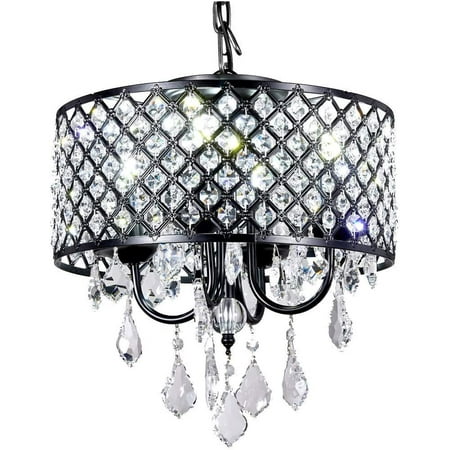 

4-Light Antique Black Round Metal Shade Crystal Chandelier Pendant Hanging Ceiling Fixture