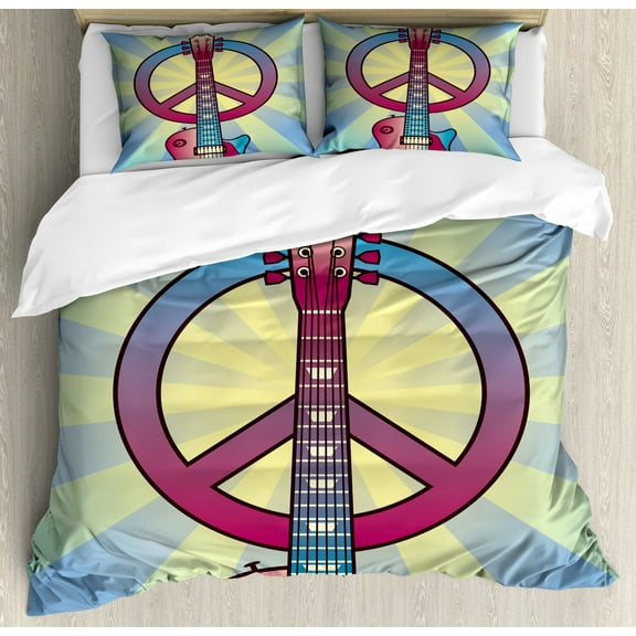 Hippie Duvet Cover Set Queen Size, Illustration of a Guitar Peace Symbol and Dove Dedicated to the Woodstock Festival, Decorative 3 Piece Bedding Set with 2 Pillow Shams, Multicolor, by Ambesonne