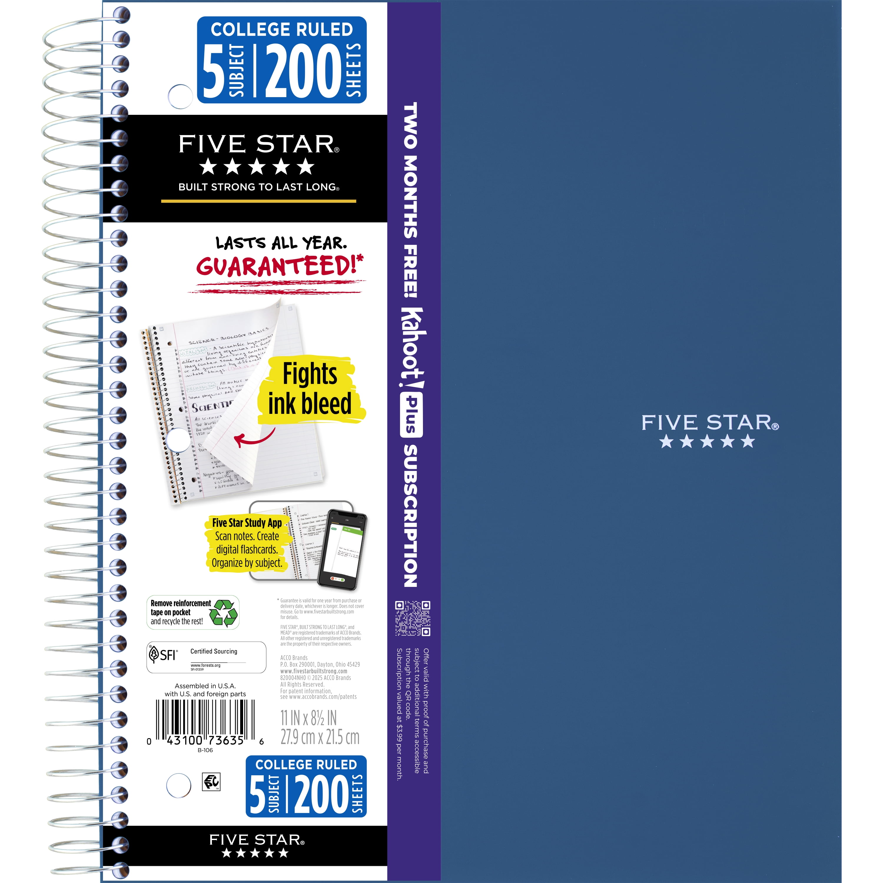 4 pack) Five Star Spiral Notebook + Study App, 5 Subject, College