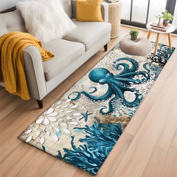 2'x6' Rug Runners for Hallways Kitchen, Coastal Octopus Non Slip Entryway Beside Floor Carpet Runner, Vintage Beach Teal Coral Nautical Washable Laundry Room Bedroom Throw Rugs Mat for Family Pet