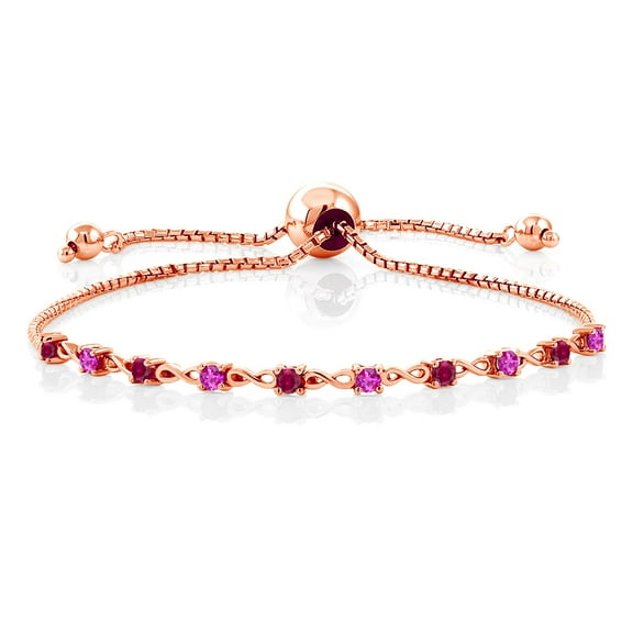 Gem Stone King 0.55 Ct Round Red Created Ruby Pink Sapphire 18K Rose Gold Plated Silver Bracelet for Women