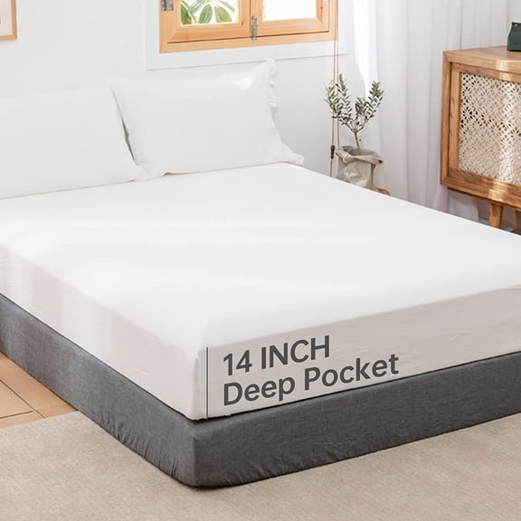 Linen Fitted Sheet Queen Size White Deep Pocket Soft Breathable Cotton Blend Bedding