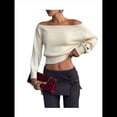 thumbnail image 2 of Suéter de Larga con Hombros Descubiertos para Mujer, Moderno Jersey Corto de Punto Acanalado Suave con Cuello . Albaricoque L, 2 of 10