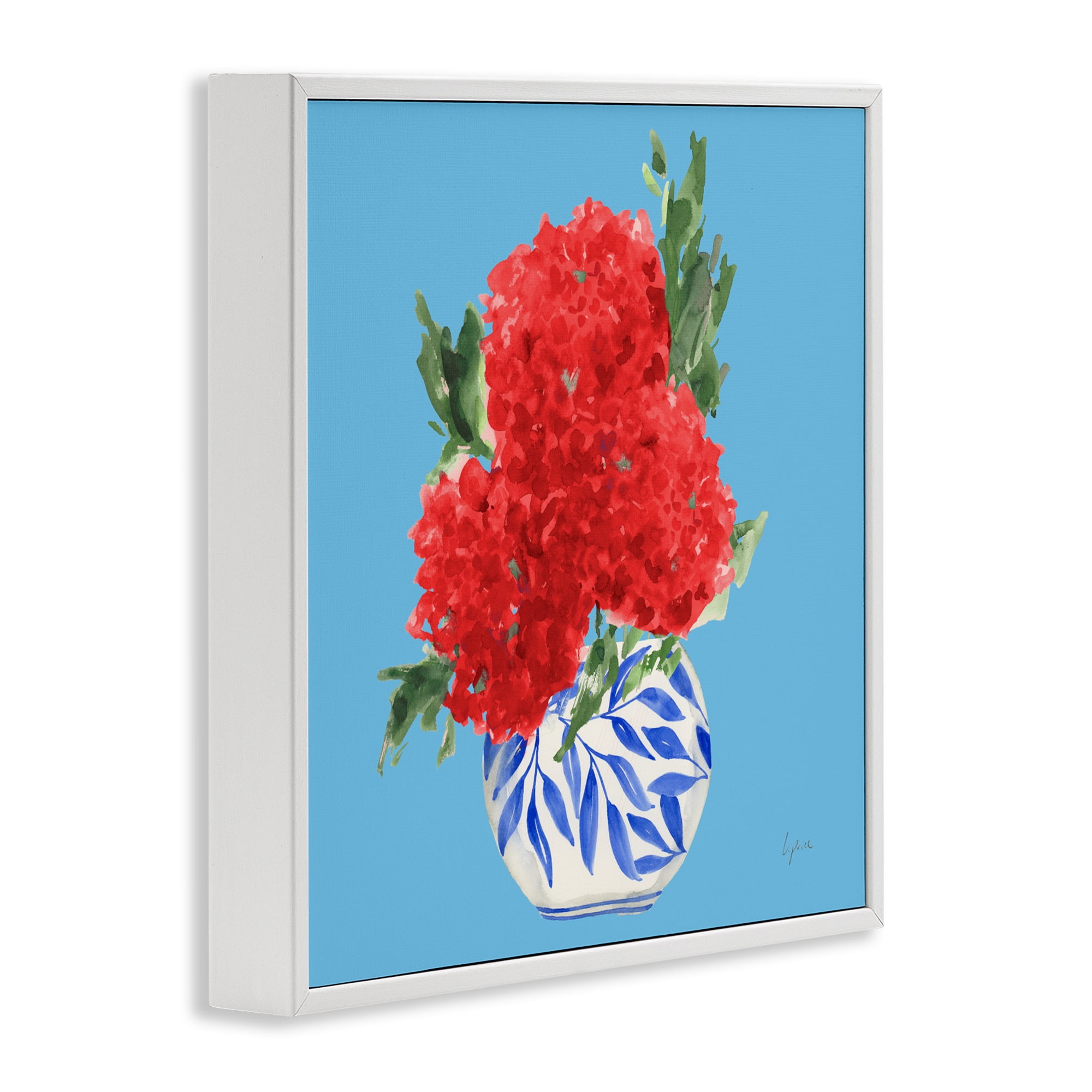 Stupell Industries Red Hydrangeas Blue Vase White Framed Giclee Art, design by Lucille Price