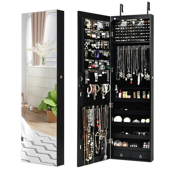 Giantex Jewelry Armoire Wall Door Mounted, Full Screen Jewelry Cabinet for Bedroom, Lockable Jewelry Cabinet with LED Lights and Frameless Mirror, 1 Scarf Rod, 36 Hooks, 1 Makeup Pouch (Black)