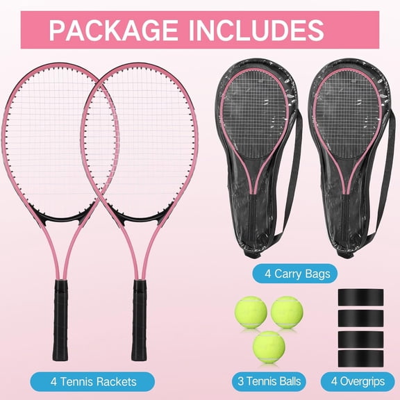 4 Pcs Tennis Rackets for Adult Recreational 4 Players 27" Tennis Racquet Lightweight Tennis Racket with 3 Tennis Balls for Training Beginners with Overgrips Carry Bag
