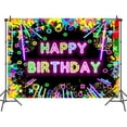 thumbnail image 2 of 9 x 6 ft Neon Glow Birthday Party Large Backdrop Let's Glow in The Dark Themed Birthday Photography Background, Colorful Balloons Graffiti Splatter Paint Dancing Party Kids Portrait Photo Supplies, 2 of 5