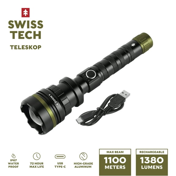 Swiss Tech Teleskop 1380 Lumen, Long Beam, LED Rechargeable Waterproof Flashlight