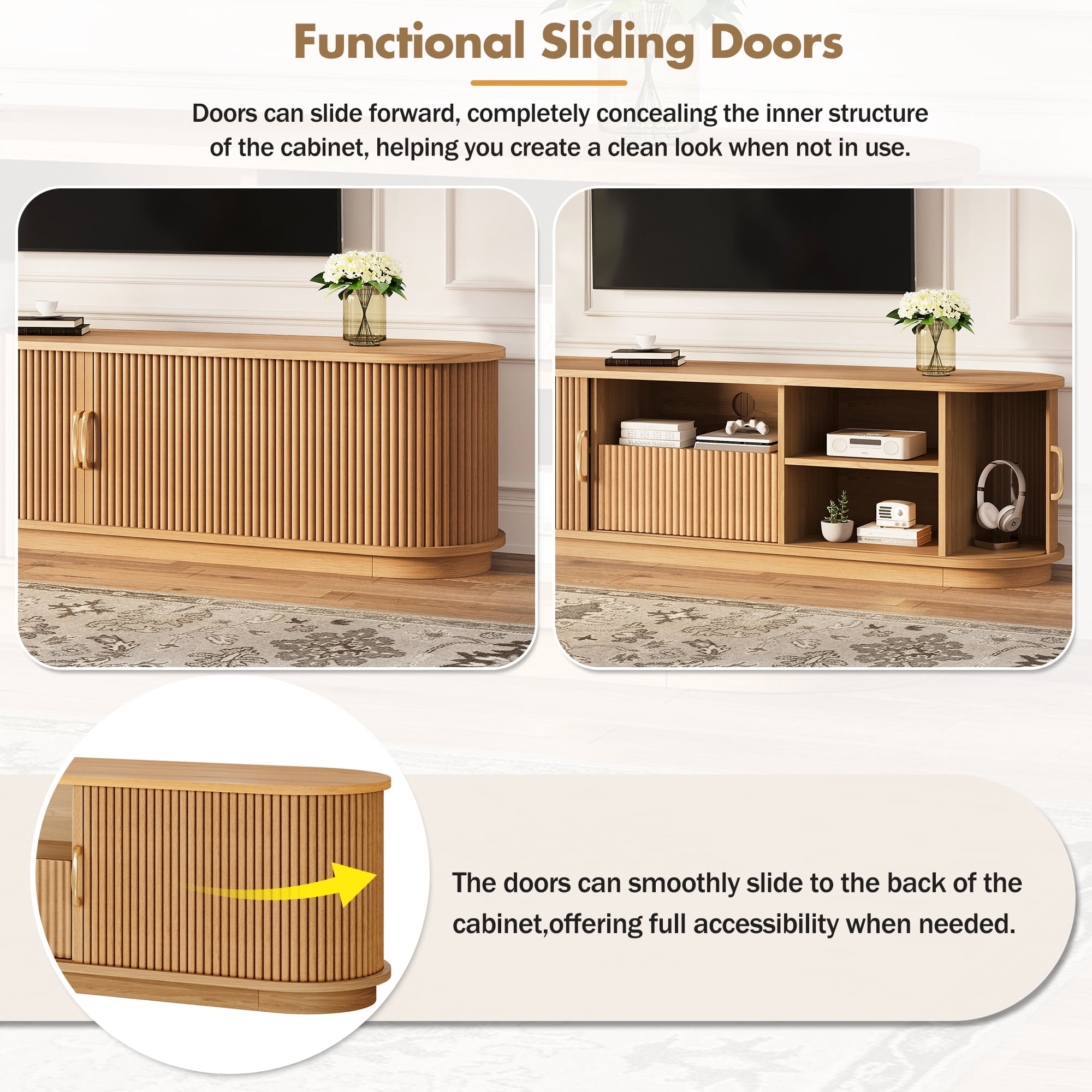 Homy Casa TV Stand for TVs up to 75", Mid Century Entertainment Center with Sliding Doors