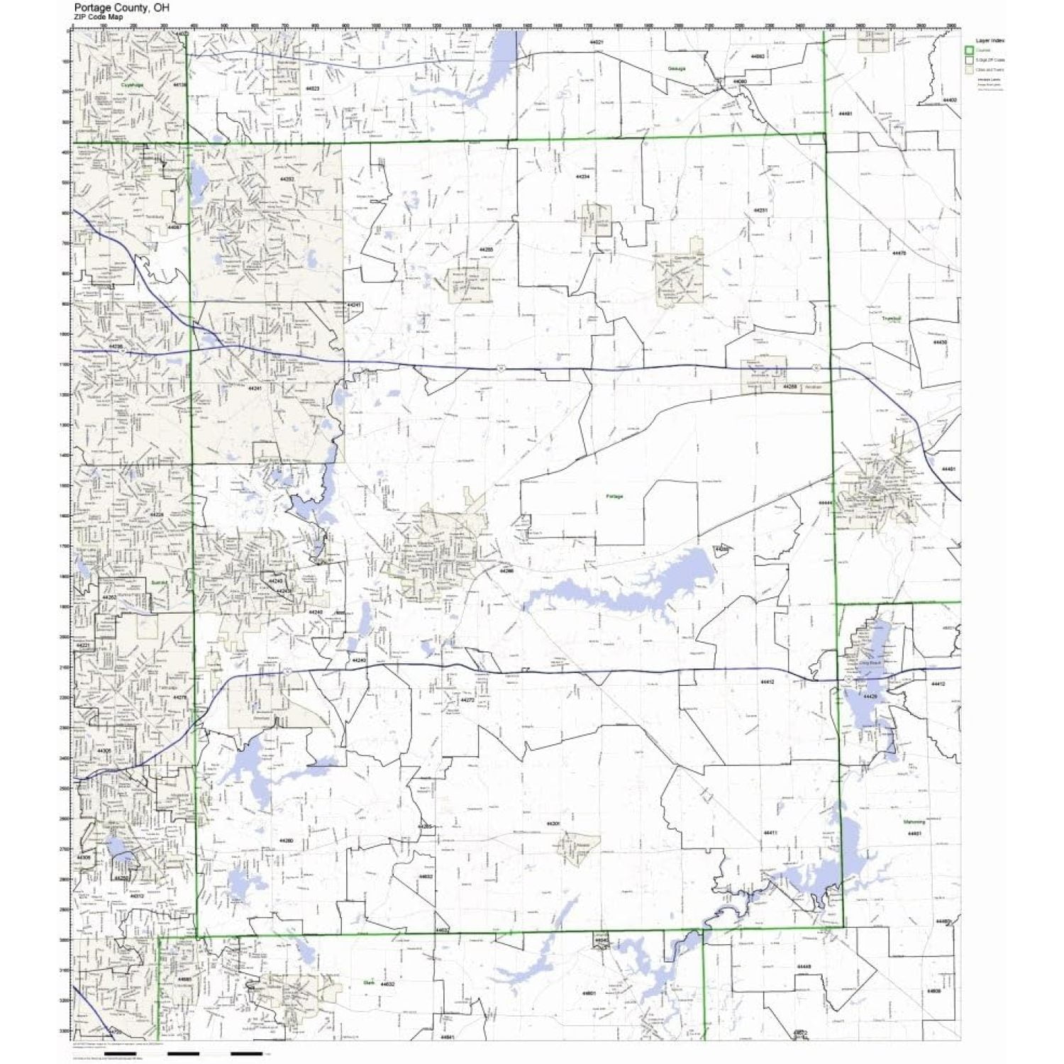 Portage County, Ohio OH ZIP Code Map Not Laminated