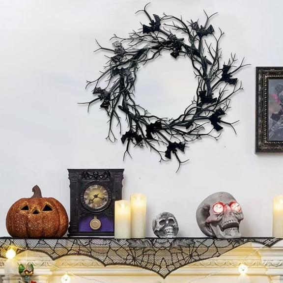 RBCKVXZ Halloween Black Branch Wreaths for Front Door with Glitter Bats, Halloween Horror Wreath Spooky Halloween Hanging Sign Decorations Outdoor Indoor, 17.7-Inch