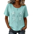 thumbnail image 2 of QUNYINEY Solid Womens Tops Cotton Linen Short Sleeve Summer T Shirts Button Loose Fit Crew Neck Pullover Embroidered Tops, 2 of 8