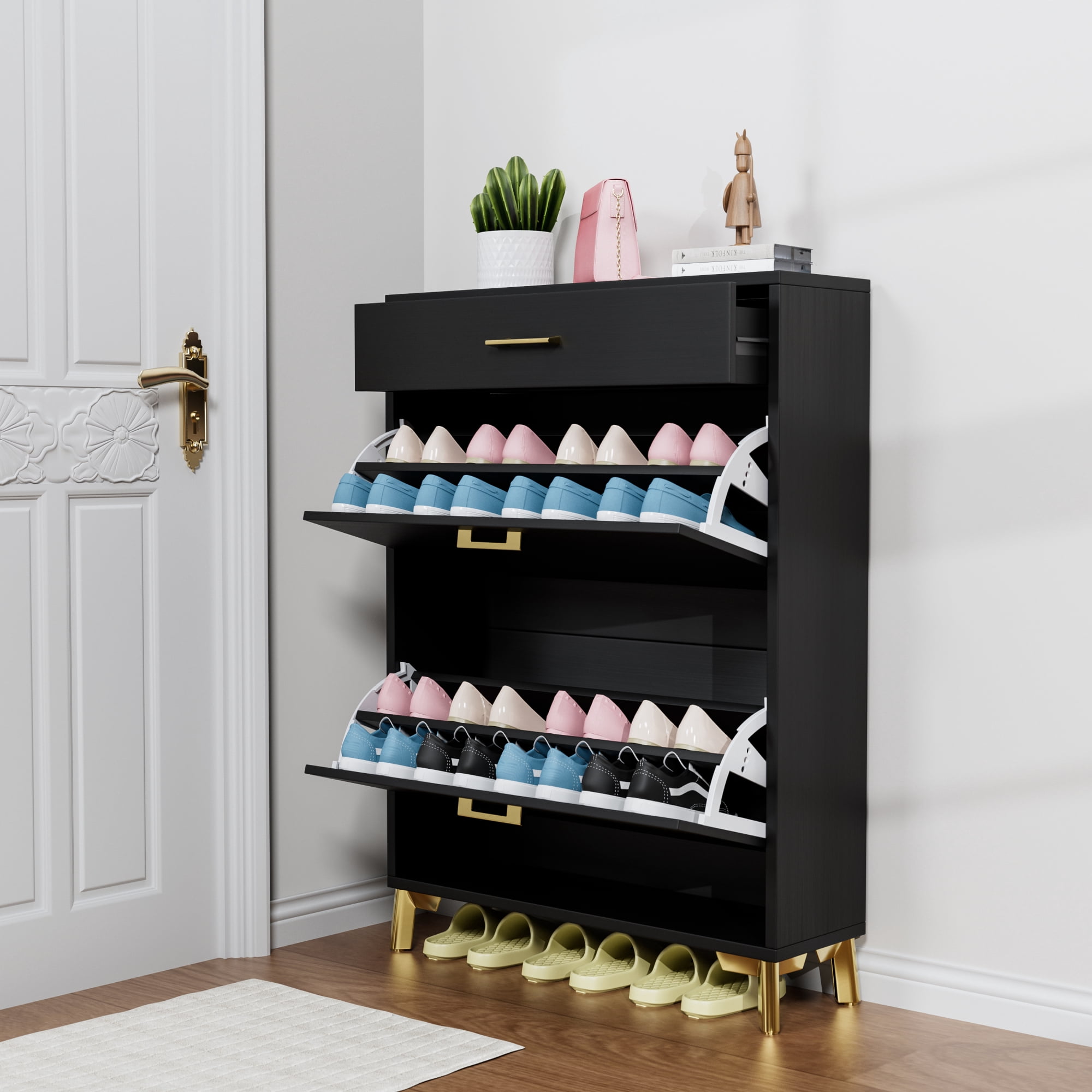 Shoe Storage Cabinet for Entryway, Free Standing Shoe Rack Organizer with 2 Flip Drawers, Hidden Shoe Rack Storage Organizer for Doorway Hallway Closet
