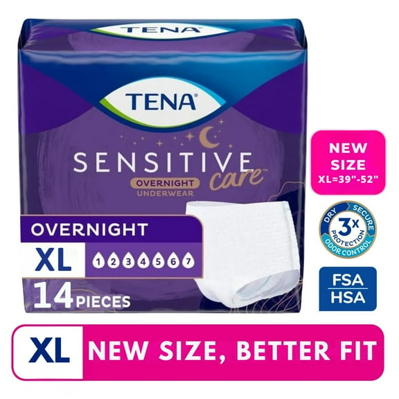 TENA Sensitive Care Overnight Underwear, XL, 14 Count (Waist size 39in-52in)