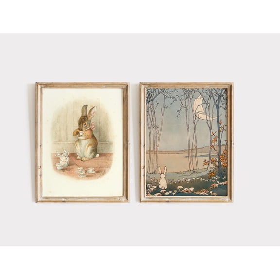 UNFFRAMED Rabbit Tea Party And Rabbit Under Moon Set Of 2 Illustrations For Nursery, Beatrix Potter Wall Art, Cute Bunny Nursery Art. Set 2 Prints 8x12