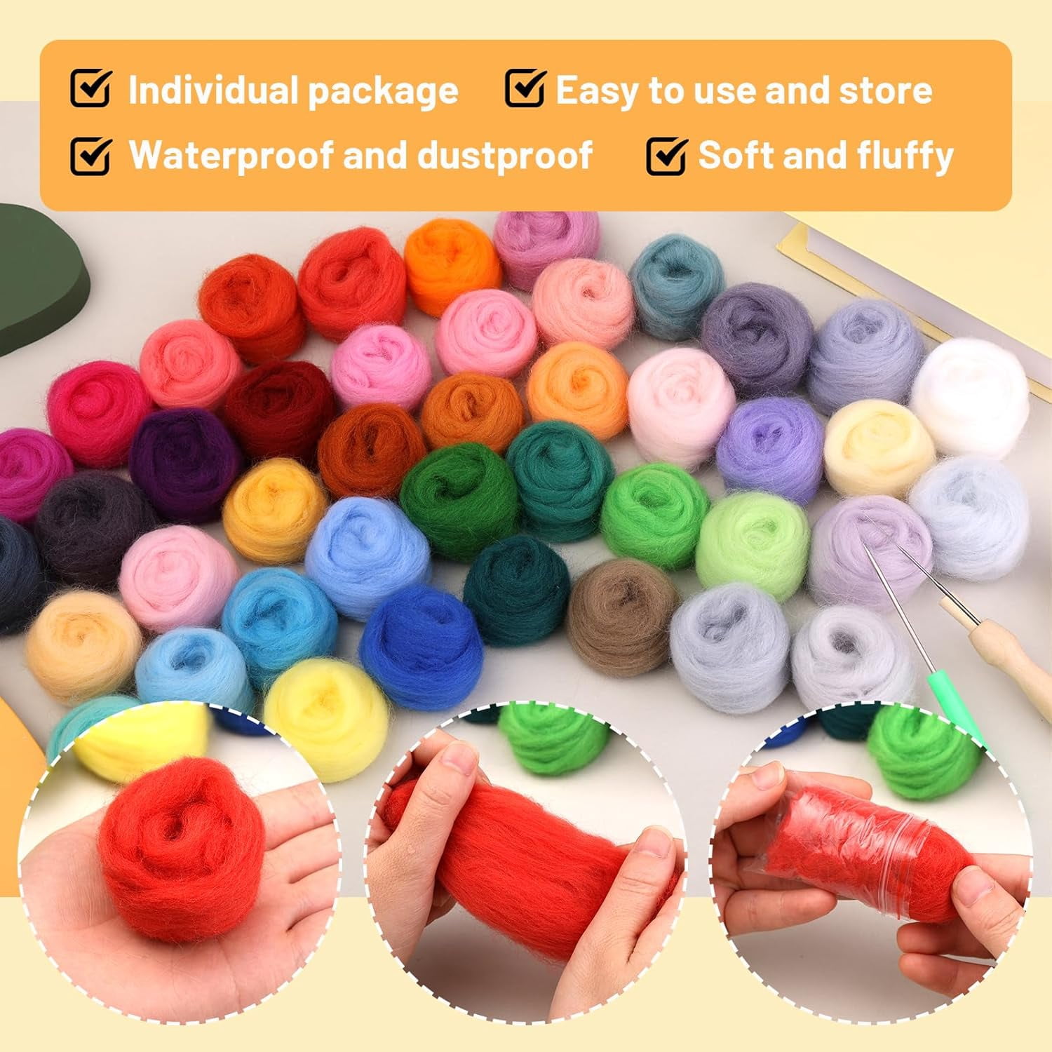 45 Colors Needle Felting Kit for Beginners with Tools, Needles and Storage Bag for DIY Handcrafts Decoration
