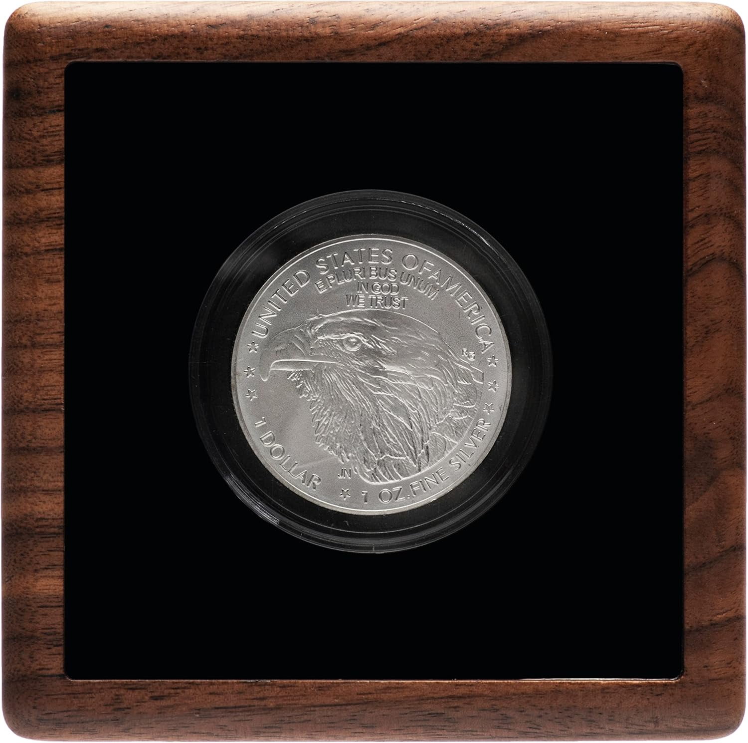 Single Walnut Wood Challenge Coin Presentation Display Box Storage Case with Clear Top and Plastic Coin Capsules with Adjustable Gasket