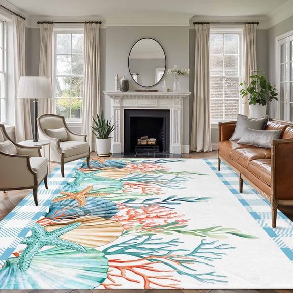 Watercolor Marine Life Area Rug 8x10 Washable Rug Non Slip Ocean Corals Shells Starfish Blue Plaid Large Area Rug Soft Stainresistant Indoor Floor Carpet for Bedroom Home Office Dining Room