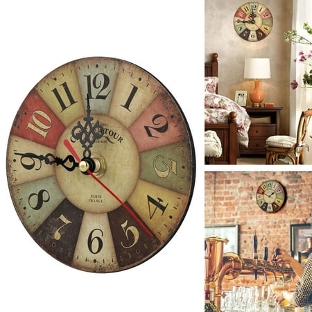 Unique Colorful Wall Clocks Retro Arabic Tuscan Number Wooden Colorful Wall Clock Quartz, Silent Non-Ticking, Battery Operated(not included), Rustic Decorative for Kitchen,Living Room,Bathroom Kids Room, Coffee Decor (4.72