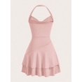 thumbnail image 2 of Dusty Pink Womens Slim Fit Ruched Halter Mini Dress With Tiered Flounce Skirt, 2 of 5