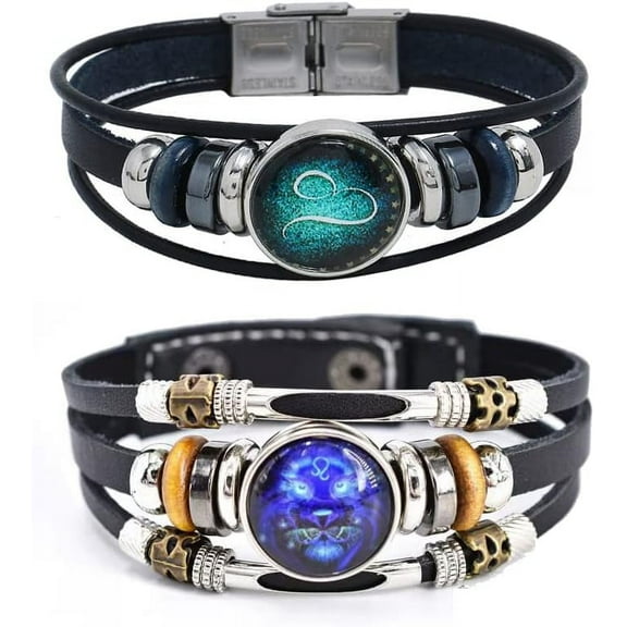 Multilayer Constellation Zodiac Leather Bracelet Set - Handmade Woven Wrap Wristband