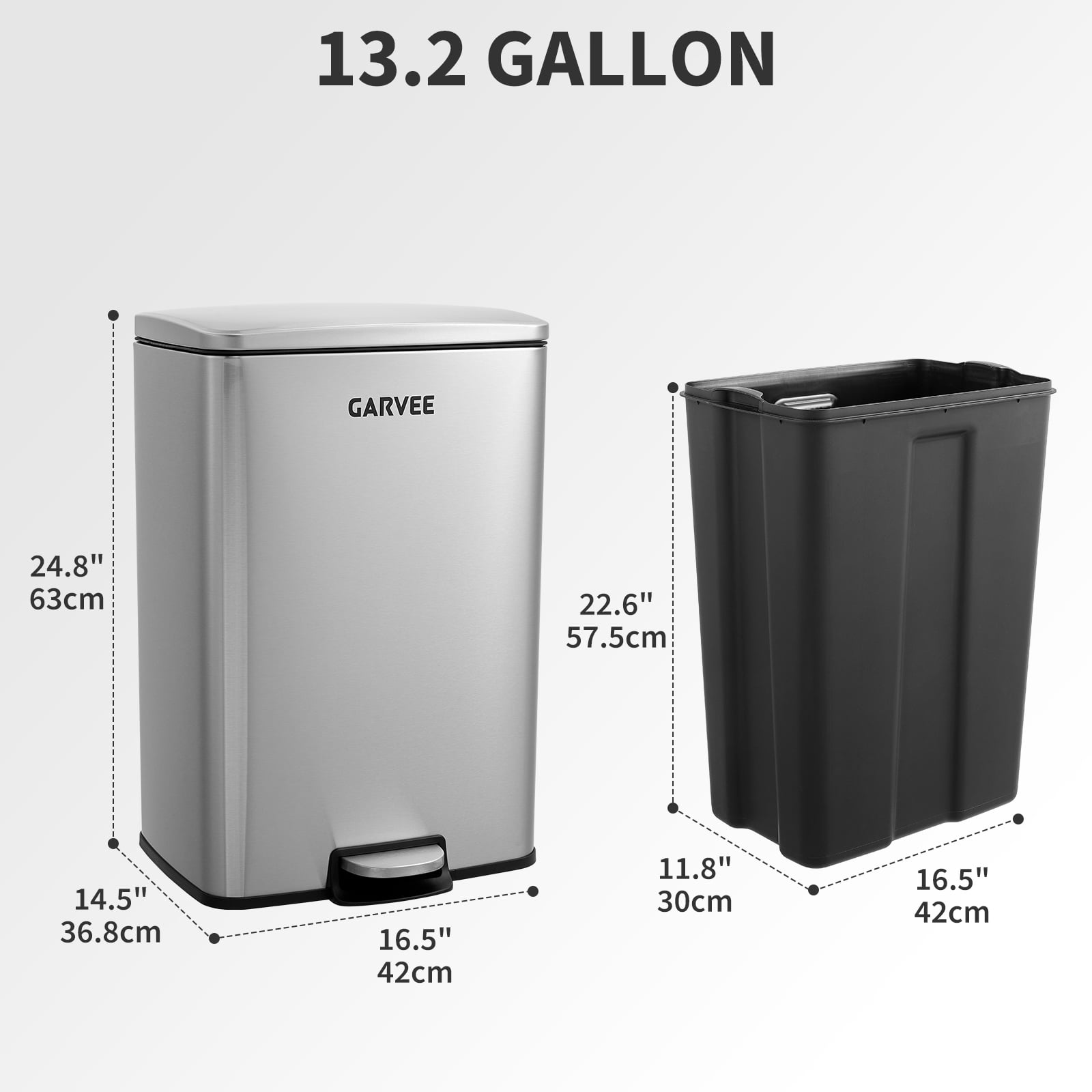 Garvee Kitchen Trash Can, 13 Gal / 50 L Stainless Steel Large Garbage Can with Quiet Soft-Close Lid, Step-on Kitchen Metal Trash Bin with Removable Inner Bucket for Living Room Office Garage,Silver