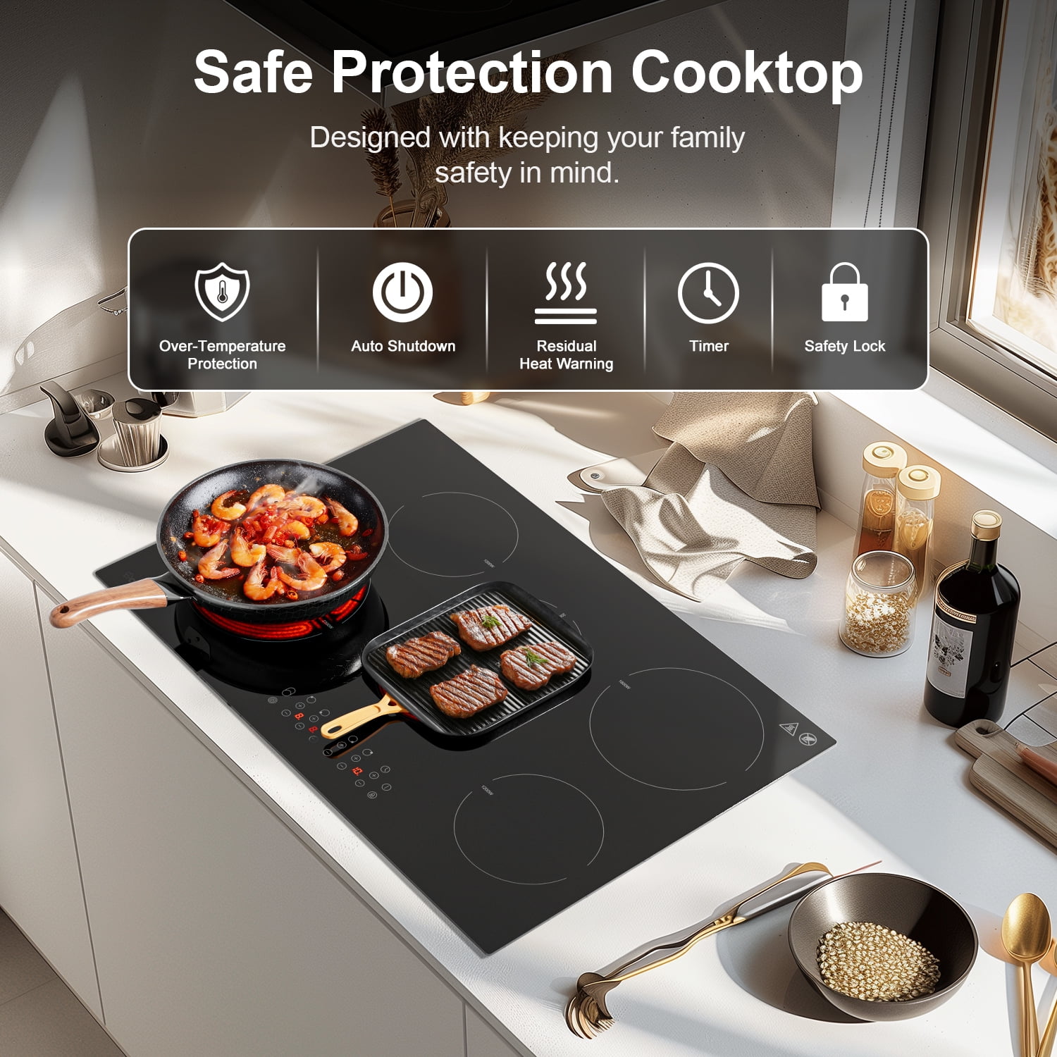 Powerful 8500W 5 Burner Cooktop, Sunmaki 30" Built-in Electric Stove with Touch Sensor Control