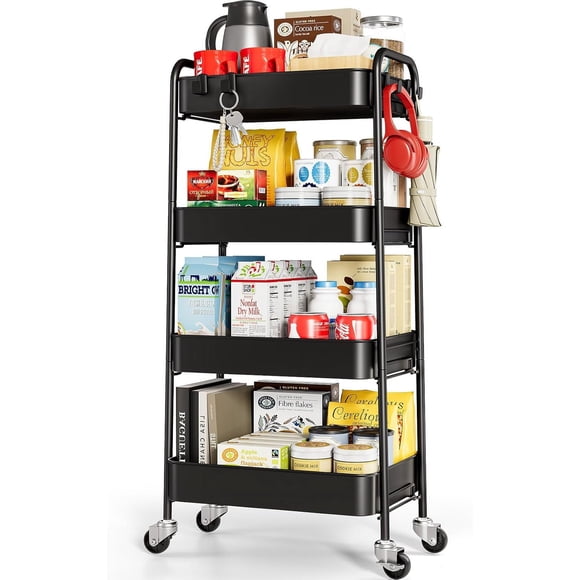 Rolling Storage Cart, 4 Tier Metal Utility Cart with Wheels & Hooks, Craft Art Esthetician Organizer, Easy Assembly Cart for Office Bathroom Kitchen Kids' Room Classroom Black