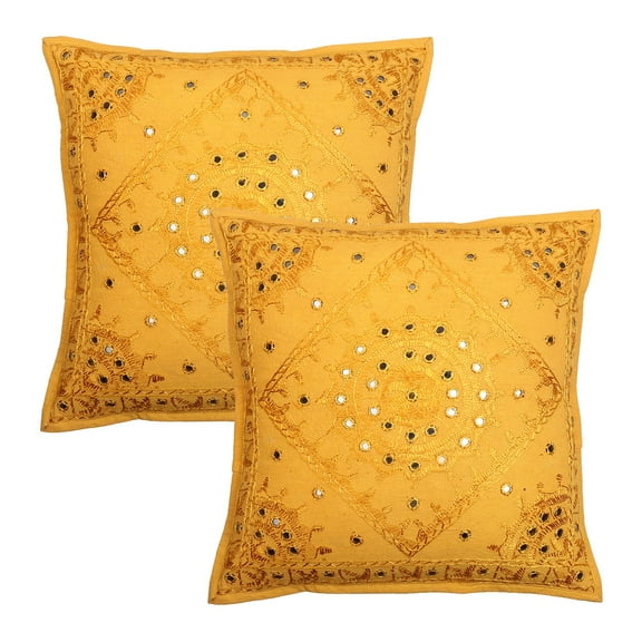 Stylo Culture Indian Couch Throw Pillow Covers 16 x 16 Hand Embroidered Mustard Yellow Bohemian 40cm x 40cm Home Decor Cotton Mirrored Square Cushion Covers | Set Of 2