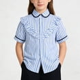 thumbnail image 2 of Girls Ruffle Shirt Striped Short Sleeve Light Blue Peter Pan Collar Button Down Blouse for Kids to Big Kid School Uniform Preppy Top,Size 9-10 T, 2 of 6